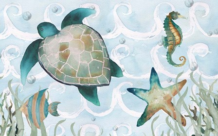 Watercolor Sea Creatures Panel (blue) by Elizabeth Medley art print