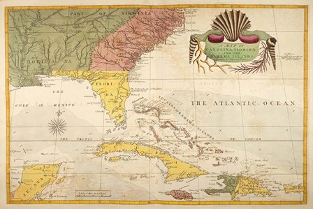 Map of Carolina, Florida &amp; the Bahama Islands by Marc Catesby art print