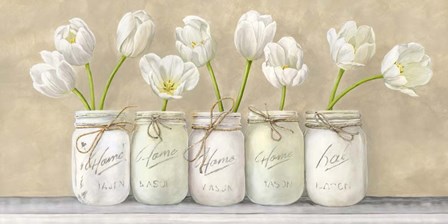 White Tulips in Mason Jars by Jenny Thomlinson art print