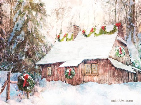 Snowy Christmas Cabin by Bluebird Barn art print