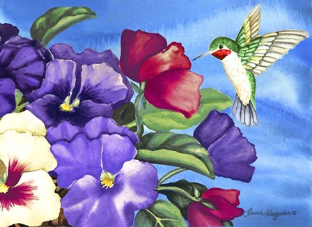 Hummingbird and Pansies by Laurie Korsgaden art print