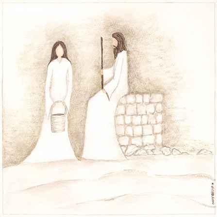 Jesus Talks with Woman at Well by Cindy Shamp art print