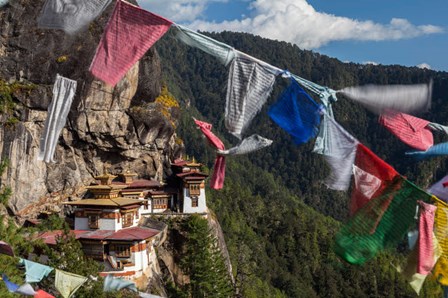 Bhutan, Paro Prayer Flags Fluttering At The Cliff&#39;s Edge Across From Taktsang Monastery, Or Tiger&#39;s Nest by Brenda Tharp / DanitaDelimont art print