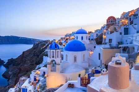 Greece, Santorini, Oia Sunset On Coastal Town by Jaynes Gallery / Danita Delimont art print