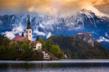 Europe, Slovenia, Lake Bled Church Castle On Lake Island And Mountain Landscape by Jaynes Gallery / Danita Delimont art print