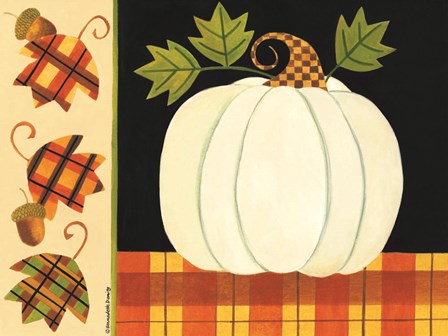 White Pumpkin, Leaves and Acorns by Bernadette Deming art print