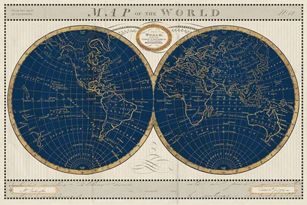 Torkingtons World Map Indigo Globes by Sue Schlabach art print