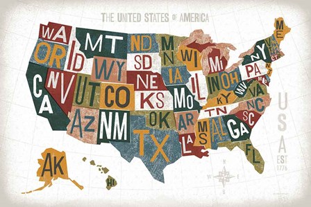 Letterpress USA Map Warm by Michael Mullan art print
