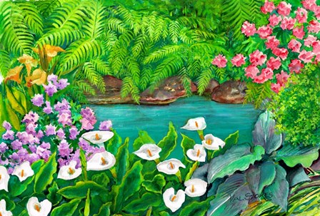 Arums and Stream by Val Stokes art print