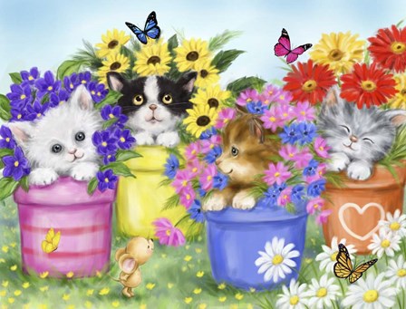 Cats in Flower Pot by Makiko art print