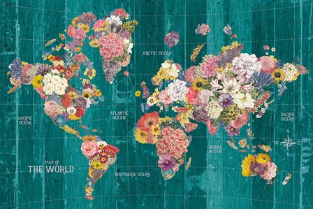 Botanical Floral Map Words Aqua by Wild Apple Portfolio art print