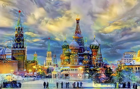 Moscow Russia Saint Basil's Cathedral Kremlin Red Square ice snow and skating by Pedro Gavidia art print