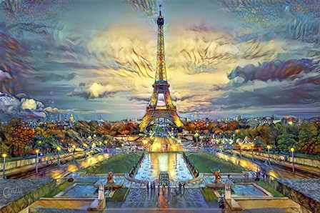 Paris France  Fontaines de Chaillot and Eiffel Tower seen from the Place du Trocadero by Pedro Gavidia art print