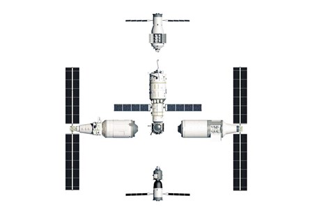 Chinese Space Station Tiangong 2022, Exploded View by Adrian Mann/Stocktrek Images art print