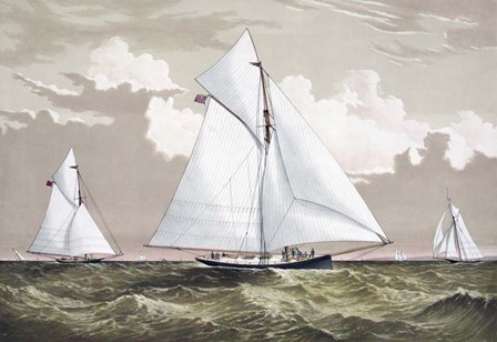The America Cup sloop yachts Mischief and Atalanta engaged in a race, circa 1881 by Vernon Lewis Gallery/Stocktrek Images art print