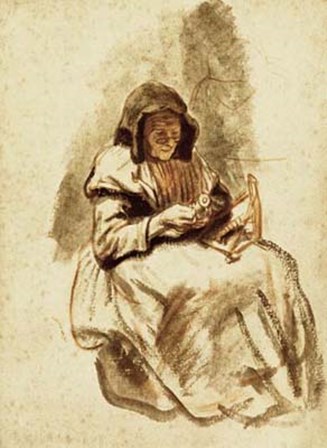 Sepia Grandma Sewing by Nicolaes Maes art print