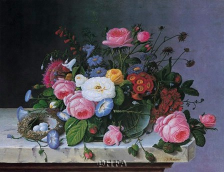 Still Life with Flowers and Bird Nest by Severin Roesen art print