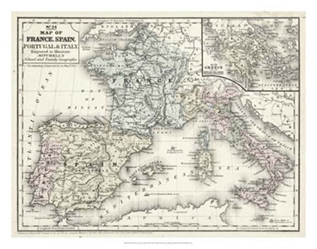 Map of France, Spain &amp; Italy by Laura Mitchell art print