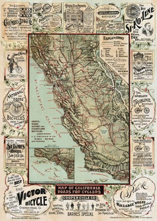 Map of California Roads for Cyclers, 1896 by George W. Blum art print