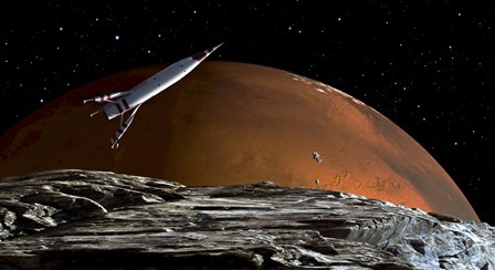 Spaceship in Orbit over Mars Moon, Phobos by Frank Hettick/Stocktrek Images art print