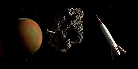 Two 1950&#39;s Styled Spaceships Near Mars and its Moon Deimos by Frank Hettick/Stocktrek Images art print