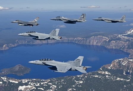 Five Ship Aircraft Formation Flies over Crater Lake, Oregon by HIGH-G Productions/Stocktrek Images art print