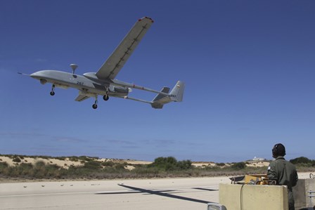 An IAI Heron Unmanned Aerial Vehicle takes off the runway by Ofer Zidon/Stocktrek Images art print