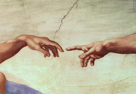 Hands of God and Adam, detail from The Creation of Adam, from the Sistine Ceiling, 1511 by Michelangelo Buonarroti art print