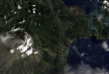 Satellite view of Mayon Volcano Emitting a Thin Volcanic Plume by Stocktrek Images art print