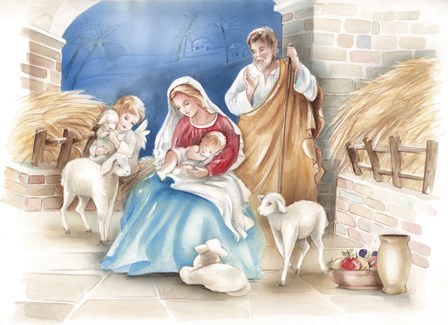 Mary and The Lambs Manger Scene by DBK-Art Licensing art print