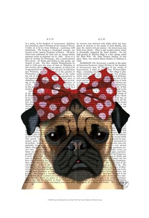 Pug with Red Spotty Bow On Head by Fab Funky art print