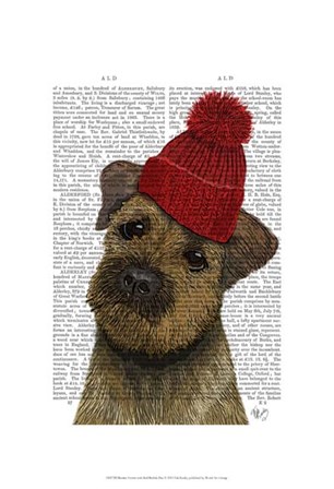 Border Terrier with Red Bobble Hat by Fab Funky art print