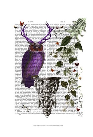 Purple Owl With Antlers by Fab Funky art print