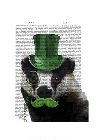 Badger with Green Top Hat and Moustache by Fab Funky art print