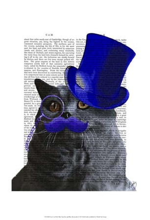 Grey Cat With Blue Top Hat and Blue Moustache by Fab Funky art print