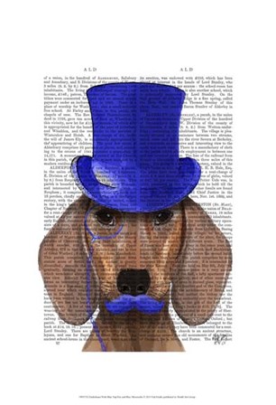 Dachshund With Blue Top Hat and Blue Moustache by Fab Funky art print