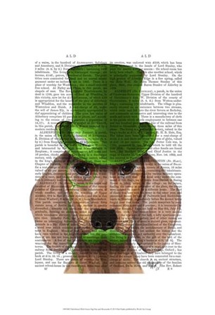 Dachshund With Green Top Hat and Moustache by Fab Funky art print