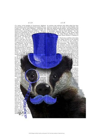 Badger with Blue Top Hat and Moustache by Fab Funky art print