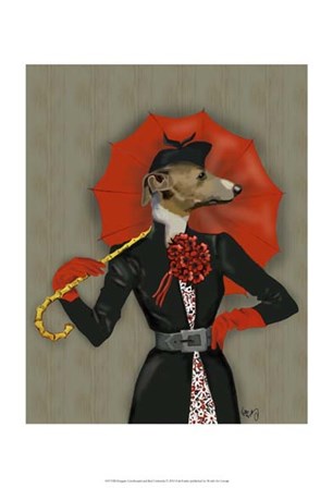 Elegant Greyhound and Red Umbrella by Fab Funky art print