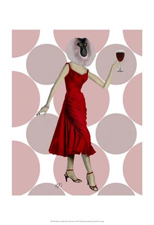 Monkey in Red Dress with wine by Fab Funky art print