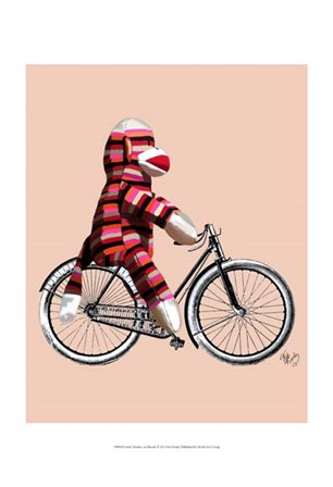 Sock Monkey on Bicycle by Fab Funky art print