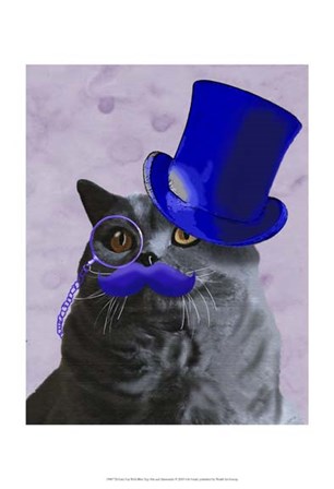 Grey Cat With Blue Top Hat and Moustache by Fab Funky art print