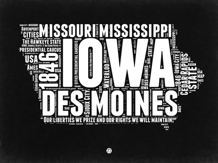 Iowa Black and White Map by Naxart art print