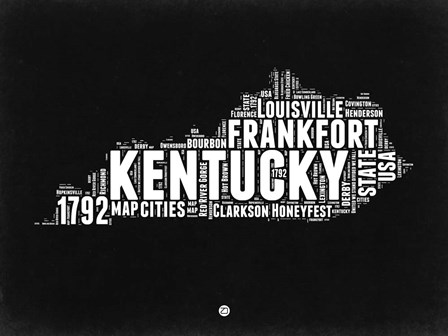 Kentucky Black and White Map by Naxart art print