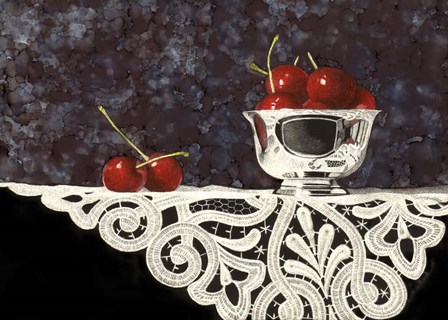 Bowl Of Cherries With Lace by Sandra Willard art print