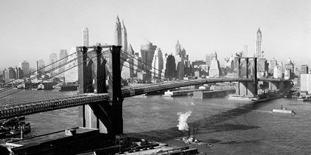Brooklyn Bridge with Manhattan skyline, 1930s (detail) art print