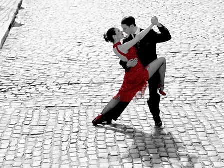 Couple Dancing Tango on Cobblestone Road art print