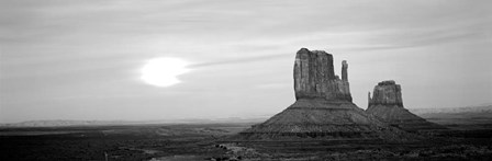 East Mitten and West Mitten buttes at sunset, Monument Valley, Utah BW by Panoramic Images art print
