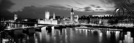 Buildings lit up at dusk, Big Ben, Houses Of Parliament, London, England BW by Panoramic Images art print