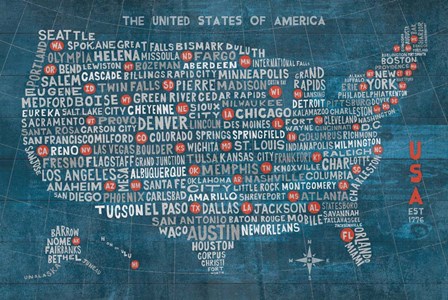US City Map on Wood Blue by Michael Mullan art print